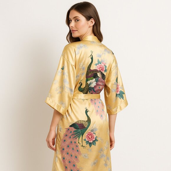 Oriental Village Kimono Robe Satin Look Peacock Floral Champagne OS NWT - Picture 2 of 13
